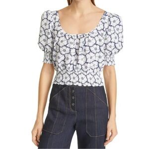 Cinq a Sept Womens Elliot Women's Puff Sleeve Top- White and Blue Size S